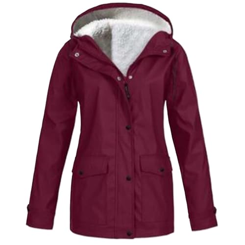 Chaqueta impermeable para mujer con forro polar y capucha, abrigo de lluvia para invierno cálido al aire libre con bolsillos para senderismo y caminar, chaqueta casual de manga larga ligera resistente