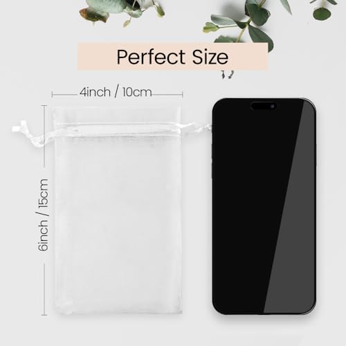 Image of Meowoo 100PCS White Organza Bags, 4x6in Mesh Gift Bags Drawstring for Jewelry, Candy, Christmas, Sachets, Festivals, Bathroom Soaps, Makeup Organza, Wrapping Supplies