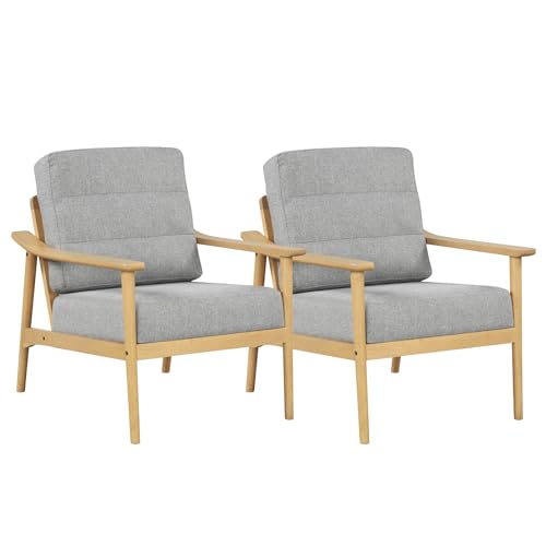 Image of Giantex Mid Century Modern Accent Chair Set of 2, Max Load 440 LBS Upholstered Living Room Chair w /Rubber Wood Armrests & Legs, Removable Back Cushion, Comfy Reading Arm Chair for Bedroom