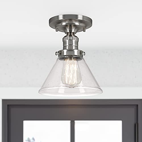 Image of Design House Augustin Ceiling Light, 1-Light, Semi-Flush, Seeded Glass Glow, Dimmable, E26 Socket, Durable Metal Frame, Satin Nickel, 7.9 in L x x 7.9 in W x 9.1 in H, 589069-SN