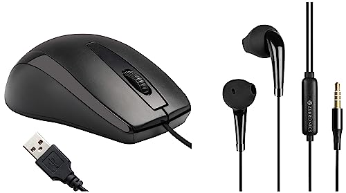 ZEBRONICS Zeb-Calyx Wired In Ear Earphones With Mic (Black) & Zeb-Alex Wired USB Optical Mouse With 3 Buttons For Rs. 278 @ 60 %