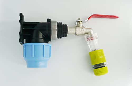 MDPE Compression Wall Plate Elbow (32mm) with 1/2 Brass Lever Tap & Fine Gauze Filter + Snap On Hose Connector