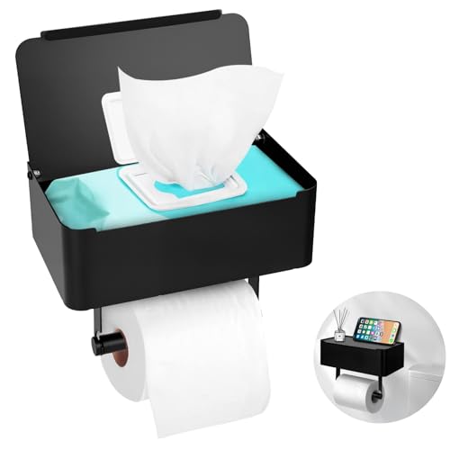 TOSUTO Toilettenpapierhalter mit Feuchttücherbox Klopapierhalter mit Ablage Fester Halt durch Bohren robuster Carbon Steel Klorollenhalter Alles griffbereit an einem Platz (Schwarz)