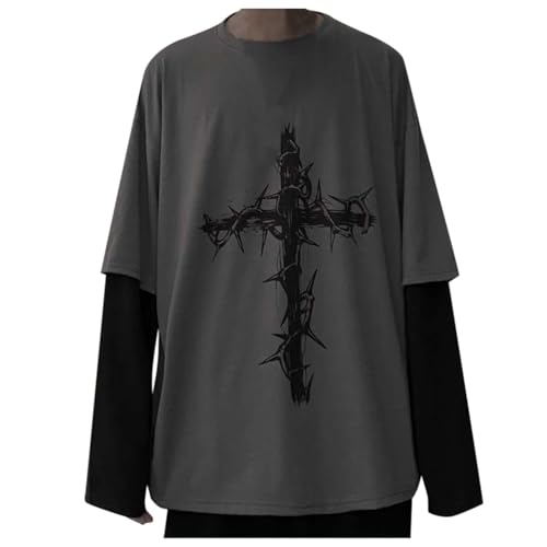 Generisch Camicia gotica da donna Y2K Emo Grunge Vintage a maniche lunghe Top Tee Dark Academia Harajuku Cross Felpa Abbigliamento Oversize Maglietta Goth Giapponese Coreano Streetwear Donna Estetica