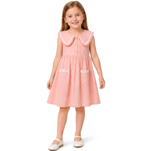 Image of HILEELANG Girls Cotton Dress Sleeveless Peter Pan Collar with Pockets