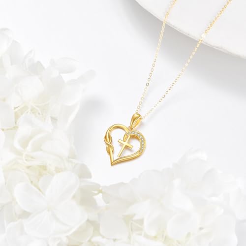 ELFRONT 14K Gold Cross Necklace for Women 14K Solid Yellow Gold Cross Heart Pendant Necklace Gold Women Infinity Cross Religious Jewelry2