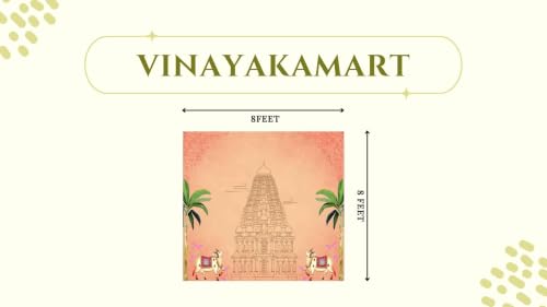 Image of Pooja Backdrop Temple Design | The Peach Temple Gopuram with Twin Banana Trees, Sacred Cows, and Pink Lotus Accents Decoration Cloth 8x8 feet | varalakshmi Pooja Background Decoration Cloth