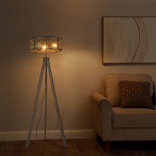Zhizenl Wood Tripod Floor Lamp, Mid Century Standing Lamp With Rattan Lampshade, 40W E26 Farmhouse Modern Floor Lamp For Living Room, Bedroom, Study, Office #TOP6