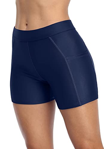 Attraco Lined Swimsuit Bottoms For Women High Waist Boyleg Board Shorts M Navy Blue #TOP16