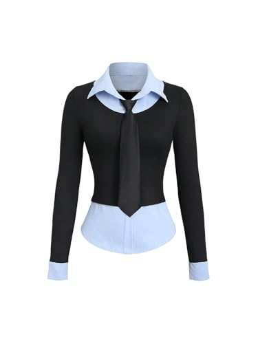 SweatyRocks Women's Long Sleeve Collared Neck Shirts Tie Front Fitted Preppy Tops Office Outfits Black and Blue Large