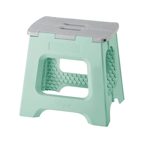 Image of Vigar Compact Folding Step Stool, 12-1 /2 in, Light Turquoise | 12-1 /2 in Foldable Stool, Lightweight Portable Design, Handle, Non Slip Surface, Space-Saving, Supports up to 330 lb