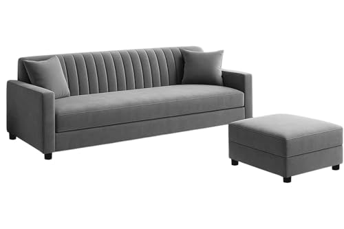 Image of Three Seater Wooden Sofa Set with Ottoman Velvet Fabric Couch, Durable & Space-Saving Design for Living Room, Office & Guest Use (Grey Color)