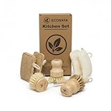 Ecovaya Spülset aus Bambus & Luffa – 100% plastikfrei – 4 Luffa Pads & 3 Küchenbürsten mit Sisal- & Kokosborsten – kratzfrei & nachhaltig