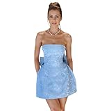 JUMISEE Embroidery Satin Homecoming Dress with Bow Modest Strapless Mini Dresses A Line Short Prom Dress Party Gown Blue