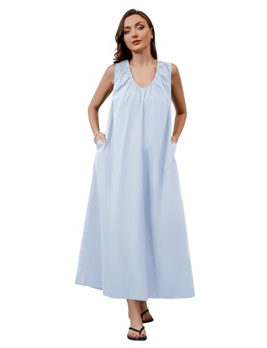 Image of MISSACTIVER Women's Sleeveless Maxi Dress Scoop Neck Ruched Long Dress with Side Pockets Wide Shoulder Elegant Blouse Dresses
