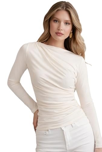 Image of SIGHTBOMB SOFTLINE Boat Neck Low Neck Drape Look Gathered Waterfall Afford LUX Edition Formal WEAR Long Sleeve Feather Touch TOP for Women