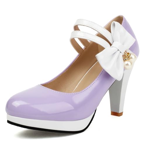 AIMODOR Mary Jane Shoes Women Block High Heel Round Toe Platform Sweet Bow Patent Leather Ankle Strap Dress Pumps Ladies