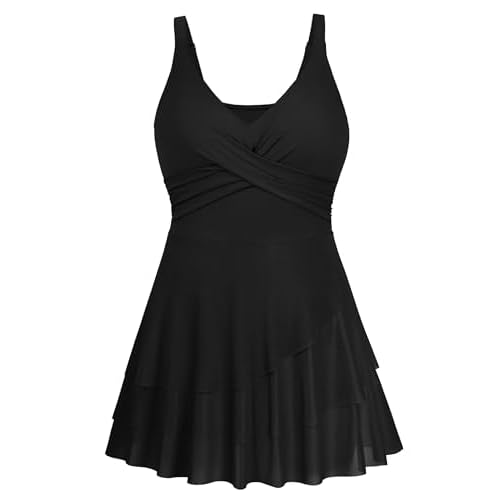 Arolina Women Plus Size One Piece Swimsuits Mesh Ruffle Swimdress Modest Bathing Suit Front Cross Swim Suits with Bottom 16 Plus Black