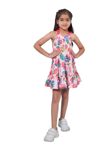 Pspeaches Girls Sleeveless Halter Neck Adorable Floral Printed Fit & Flare Dress (4-5Years) Multicolour