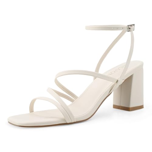 LACUONE Strappy Heels for women Block Heels Square Toe Chunky Ankle Buckle Pump Heeled Sandals (8,Beige)
