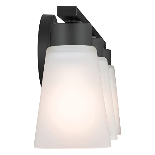 Image of Kichler Stamos 3-Light Bathroom Vanity Light Fixture with Satin Etched Glass Shades, 22 in Modern Wall Light in Black for over Mirror (22 in x 5 in x 8 in), 52608BK