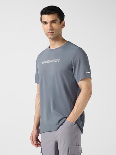 Image of TECHNOSPORT Men's Printed Slim Fit Henley Neck T-Shirt ELASTOLITE Half Sleeve Slip On Polyester for Gym Running Workout UPF50+ Anti Odour