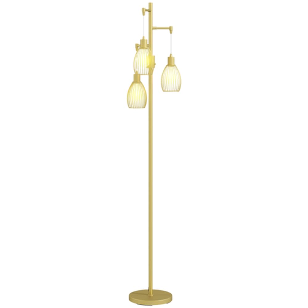 HOMCOM 3-Light Industrial Floor Lamp - Steel Lampshades - Dimmable - Gold