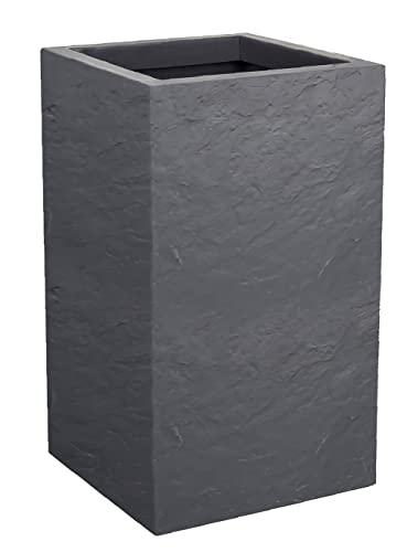 EDA – Maceta Cuadrada Alta Volcania’Up 36 L – Decoración de imitación Piedra – Pared Simple – Zona de retención de Agua – 29,5 x 29,5 x 49,5 cm – Gris Guijarro
