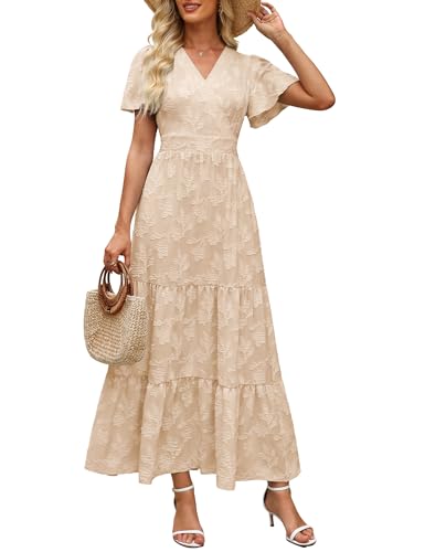 Womens Boho Floral Maxi Dress Elegant Wrap V Neck Short Flutter Sleeve Flowy Tiered A Line Summer Beach Wedding Guest Dresses (US, Alpha, Large, Regular, Regular, Beige)