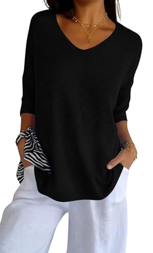 Knit Sweater for Women Dressy Casual V Neck Sweaters 3/4 Sleeve Soft Lightweight Sweaters Fall Sweater Pullover