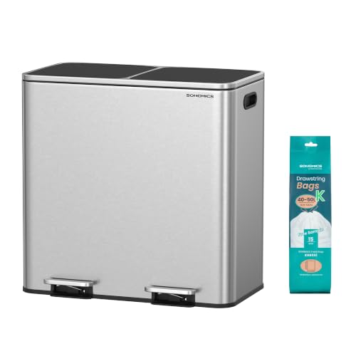 Image of SONGMICS Trash Can, 2 x 10.6 Gallon (2 x 40 L), Silver and Black | With 15 Trash Bags, 2 Compartments, Plastic Inner Buckets and Hinged Lids, Airtight, ULTB730E80
