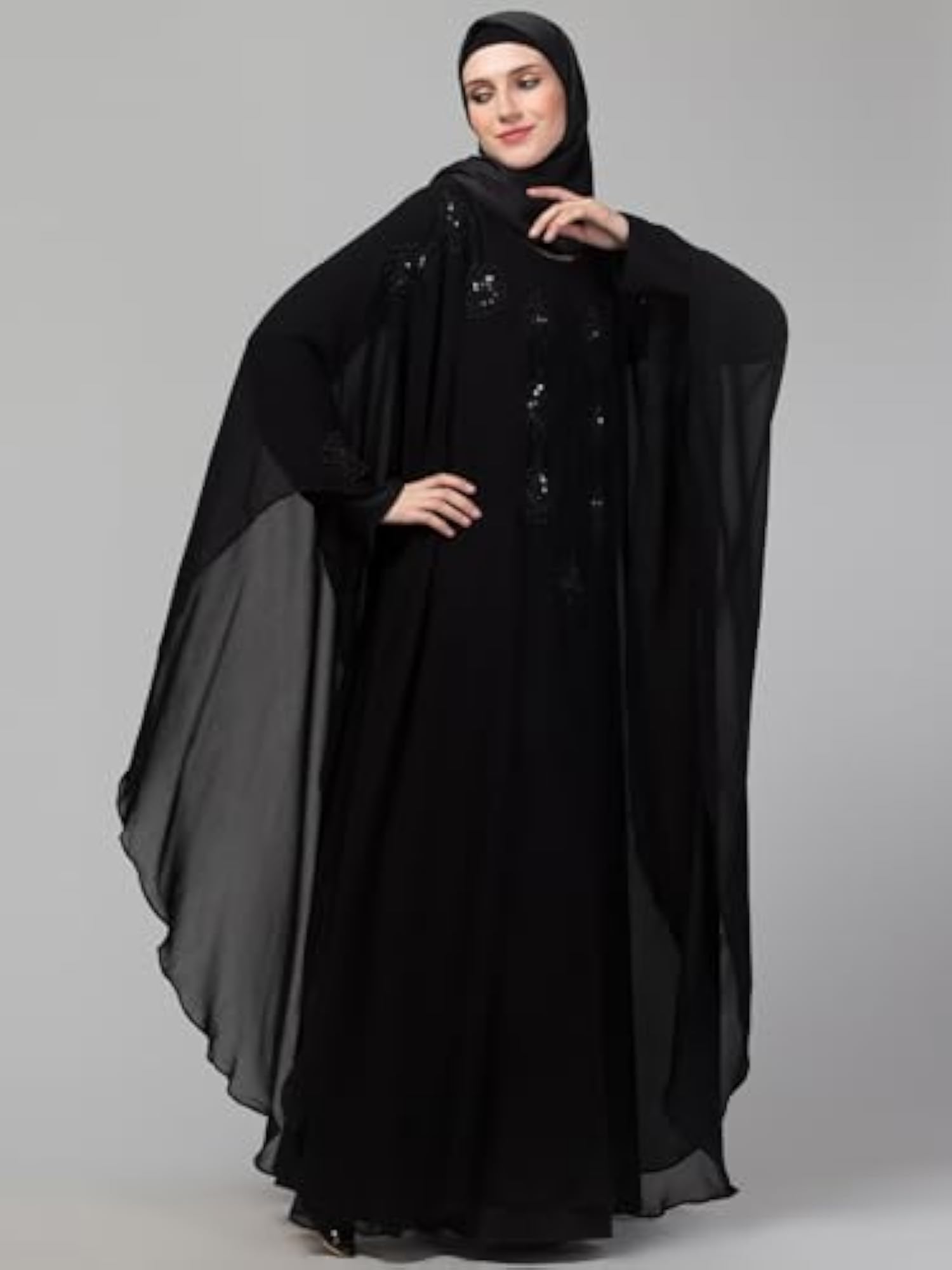 Double Layer Hand Black Embroidery Butterfly Abaya