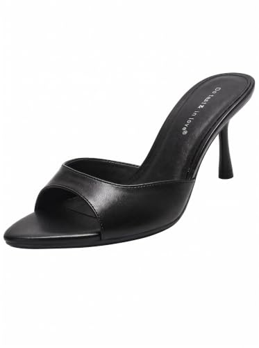Image of On feet& in love Women's Slip-On Stiletto Heel Mule Sandals, Peep Toe, apricot, 2.95 Inch Heel, Casual Party Wedding Slides