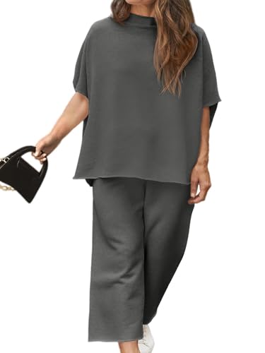 Image of Beautife Women's Plus Size 2 Piece Outfits 3 /4 Batwing Sleeve Capelet Crew Neck Pullover Top Wide Leg Pants Lounge Set