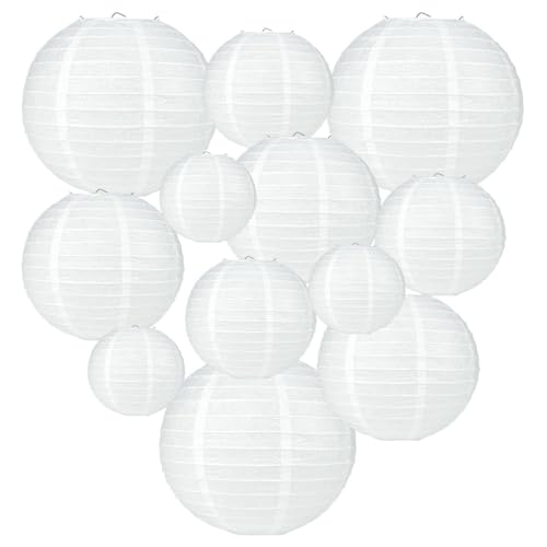Vilanca 12Pcs Chinese Japanese White Round Hanging Paper Lanterns Assorted Size 6'' 8'' 10'' 12'' Wedding Party Decorations for Wedding Graduation Baby Shower Birthday Party Supplies