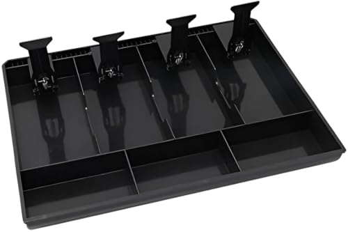 Image of Cash Drawer Insert Tray with 5 Bill Compartments and 4 Coin Sections, Plastic Currency Organizer with Spring Clips, Black