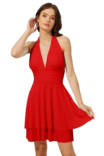 Women's Halter Deep V Neck A-line Mini Dress Ruched Waist Short Party Dresses3