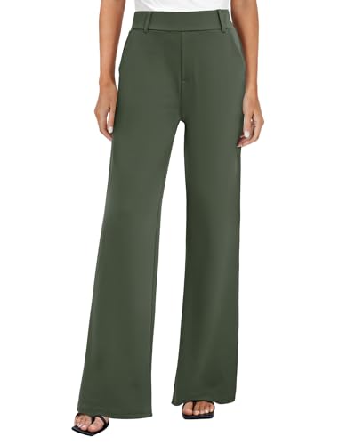 FireSwan Women's Wide Leg Dress Pants High Waisted Stretchy Work Trousers Business Casual Office Pull on Slacks with Pockets Olive Green