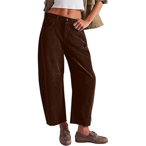 Womens Corduroy Pants Baggy Button Low Rise Wide Leg Barrel Pants Casual Dressy Cropped Ankle Pants with Pockets