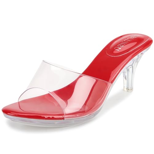 Image of NBUUNBU Clear Heels for Women Silver Black Heels Little Platform Sexy High Heels Sandals Stiletto Kitten Open Toe Dress Shoes Comfortable Double Transparent Strap Heeled Sandals Mule