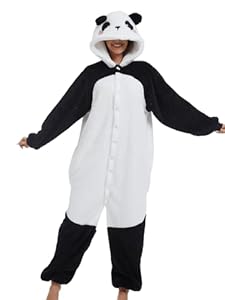 chuangminghangqi Einteiliger Schlafanzug Damen Lang Winter Einteiler Tierkostüm Erwachsene Kostüm Jumpsuit Damen Kuschelig Pyjama Fleece Onesie Kleidung Mit Kapuze(Schwarz,M)
