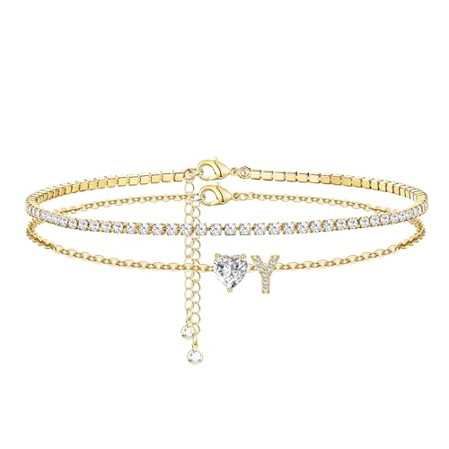 Image of Gold Initial Ankle Bracelets for Women 14K Gold Plated CZ heart Tennis Anklets for Women Waterproof Layered Adjustable Letter Anklets Large Ankle Summer Beach Foot Jewelry