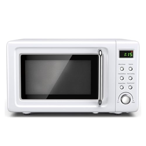 Horno microondas de encimera Retro, 0,7 pies cúbicos, 700 vatios, acero laminado en frío con ajuste de tiempo, placa giratoria de vidrio, cocción preprogramada