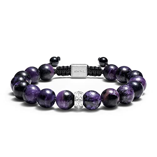 Hawk's Eye Charoite Beaded Bracelet for Men Sterling Silver Charm Adjustable Braided Protection Bracelet (10mm) Natural Gemstones Gift for Men, 6.1''-7.5''