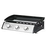 Outsunny Gas Plancha Barbecue Grill with 3 Stainless Steel Burner, 7.5kW, Portable Tabletop Gas BBQ with Non-Stick Griddle and Lid for Camping Picnic Garden Party Festival