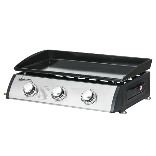 Outsunny Plancha à gaz avec 3 brûleurs en acier inoxydable, 22,5 kW, barbecue à gaz de table portable avec plaque anti-adhésive et couvercle pour camping,...