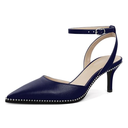 Image of SAMMITOP Kitten Heels for Women Low Heel Closed Toe Ankle Strap Pumps Wedding Party Beaded Dress Shoes 2.4 Inch