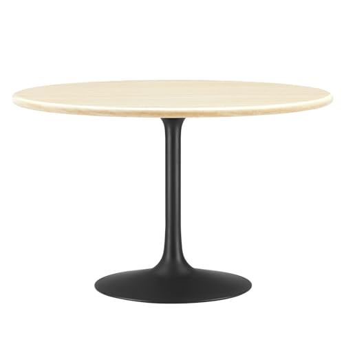 Image of Modway Lippa 48 inch Round Artificial Dining Table with Tapered, Metal Base, Black Travertine