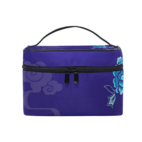 Makeup Bag Morandi Peony Blue Portable Large Cosmetic Toiletry Brush Bag Travel Train Case Organizer Box Pouch for Girls Women
