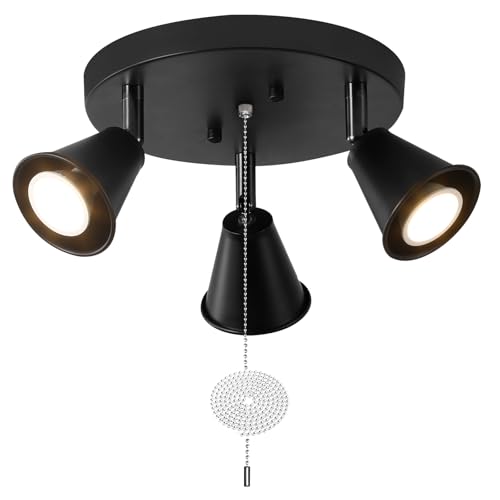 Image of 3-Light Industrial Directional Track Lighting with Pull Chain On /Off, Black Ceiling Spotlight, Morden Flush Mount Kitchen Light for Hallway,Di